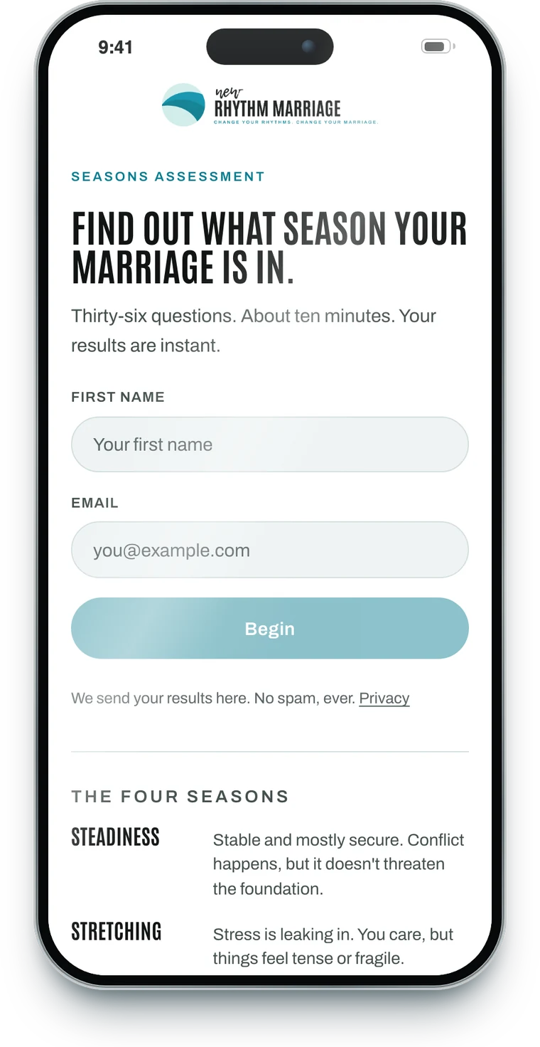 The Seasons Assessment's first screen on a phone: find out what season your marriage is in