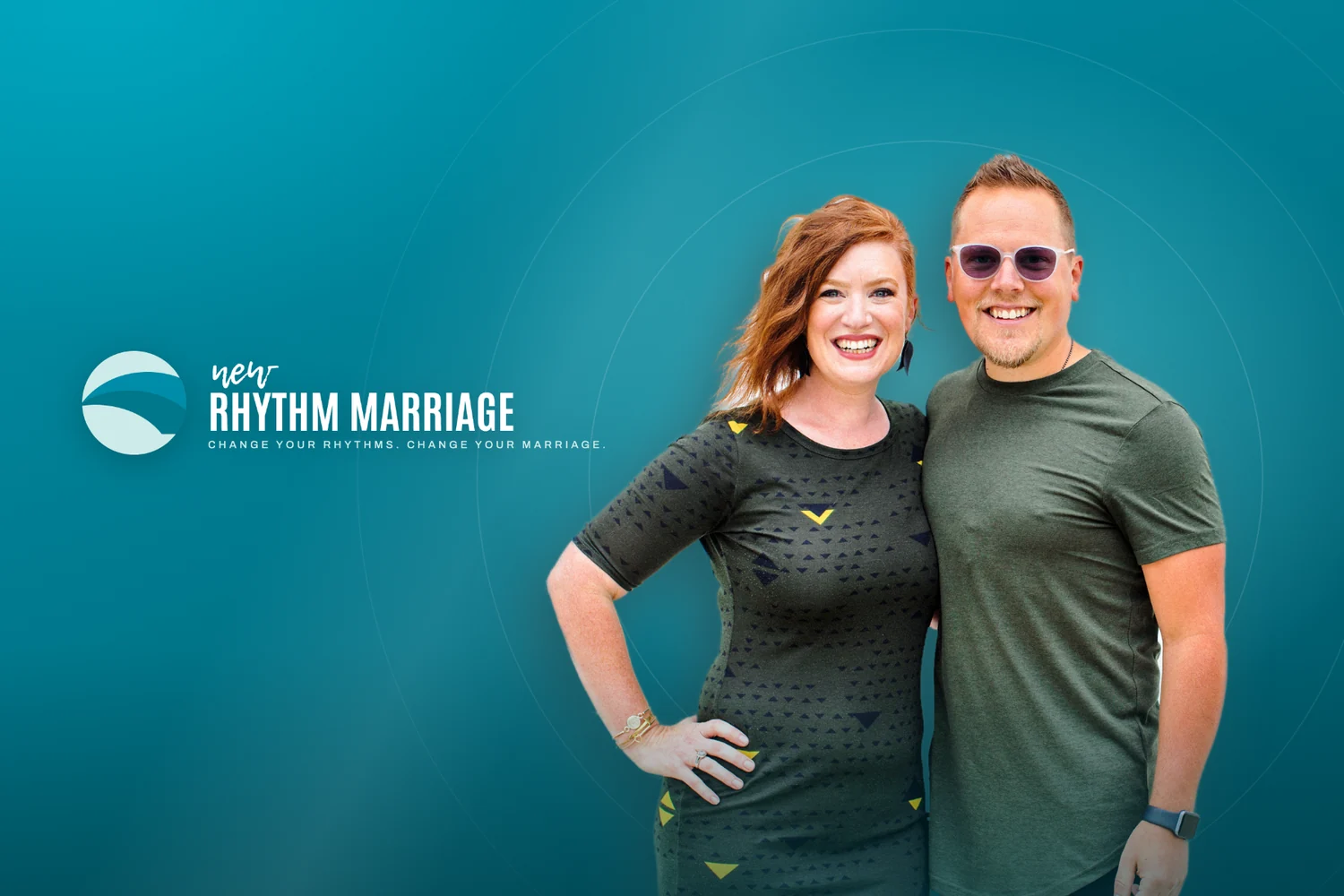 Shelly and Jason smiling side by side, beside the New Rhythm Marriage logo
