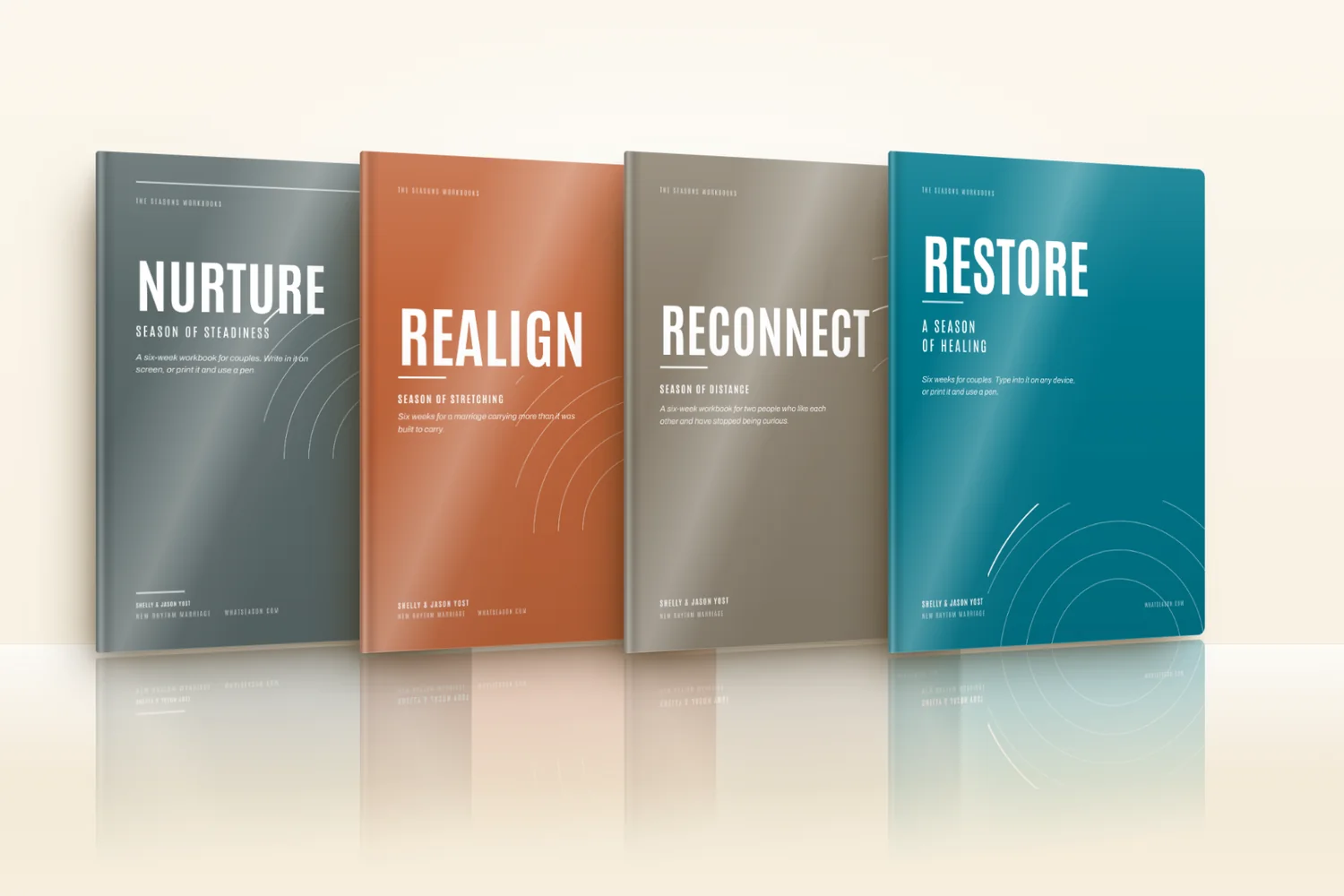 The four season workbooks side by side: Nurture, Realign, Reconnect and Restore